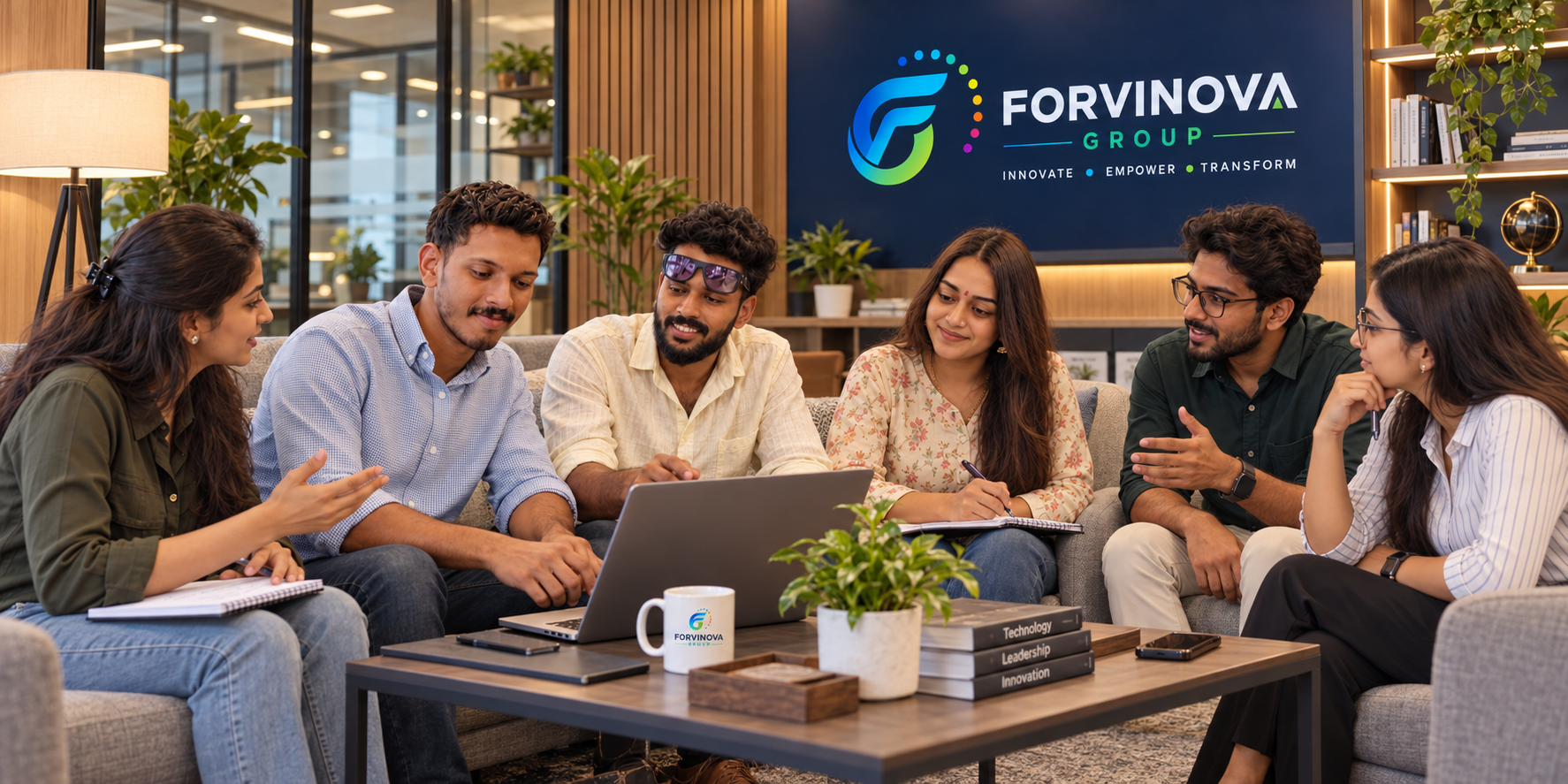 A collaborative discussion in a meeting room displaying Forvinova Group branding