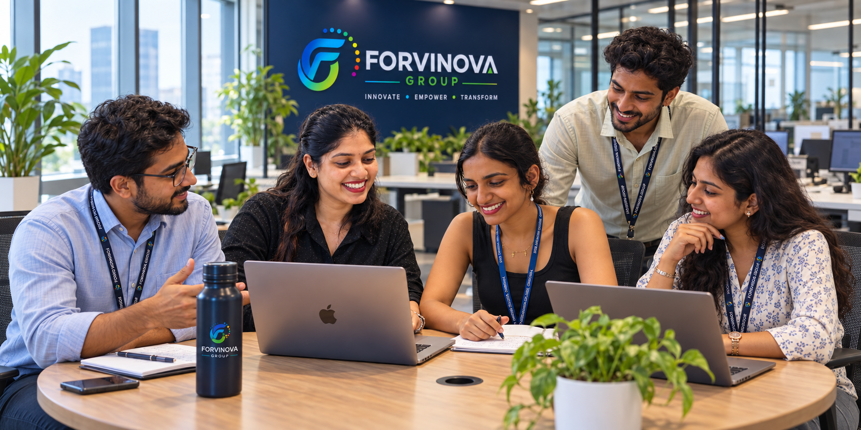 Forvinova-branded meeting room with a group collaborating around a table